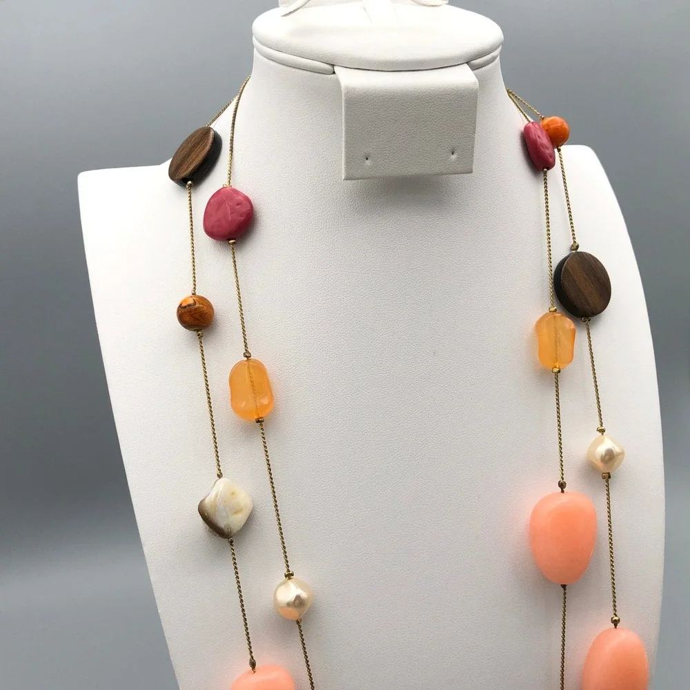 Long Beaded Station Necklace 48 in Multicolor Pearl Wood Glass Acrylic Gold Tone